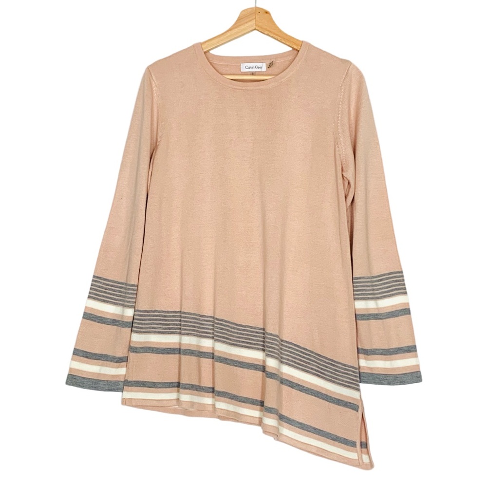 Calvin Klein Asymmetric Long-Sleeve Sweater Blush Gray Cream Stripes Large